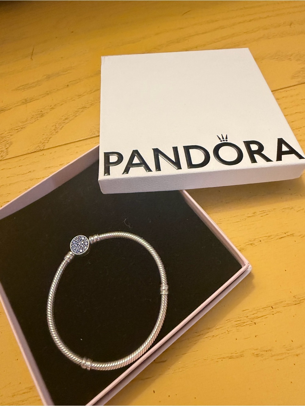 Pandora Silver Snake Chain Bracelet with Blue Pave Clasp 17cm